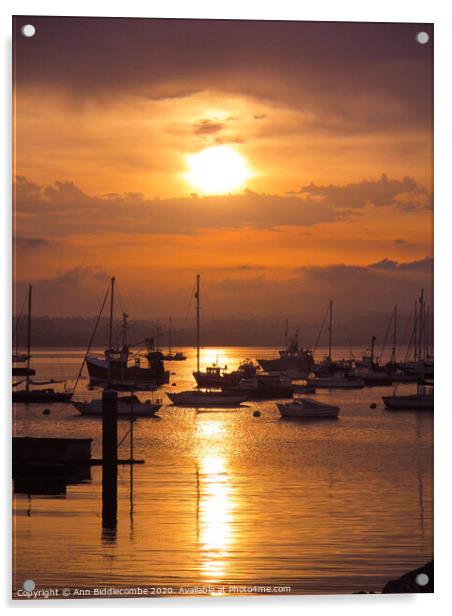 Sunset over Brixham outer harbor Acrylic by Ann Biddlecombe