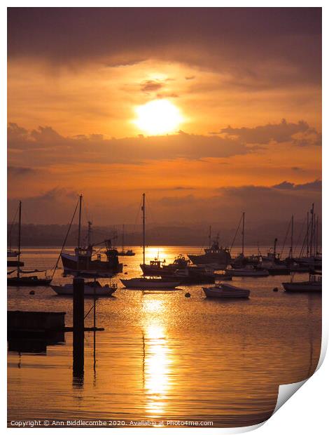 Sunset over Brixham outer harbor Print by Ann Biddlecombe