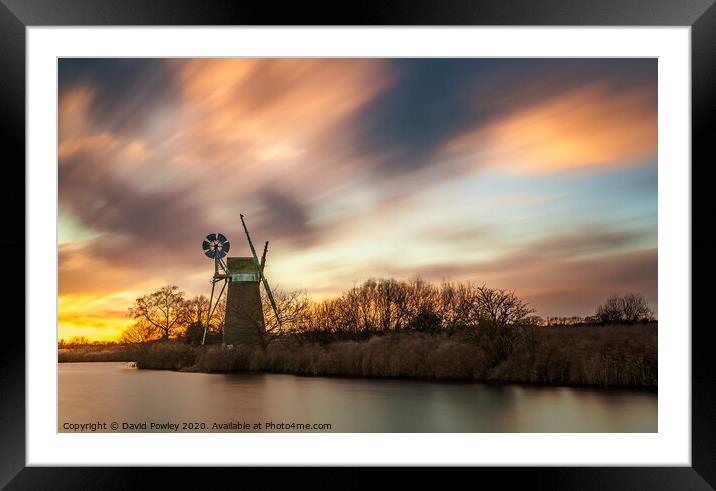 Turf Fen Mill Norfolk at Sunset Framed Mounted Print by David Powley