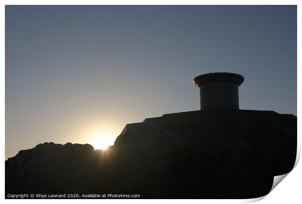 Sunrise behind the toposcope of the worcestershire beacon. Print by Rhys Leonard