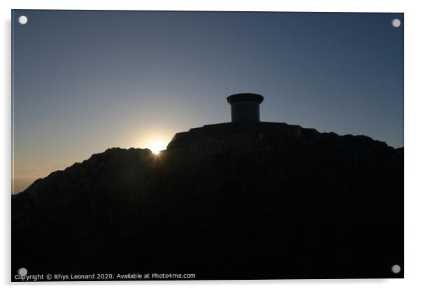 Sunrise behind the toposcope of the worcestershire beacon. Acrylic by Rhys Leonard