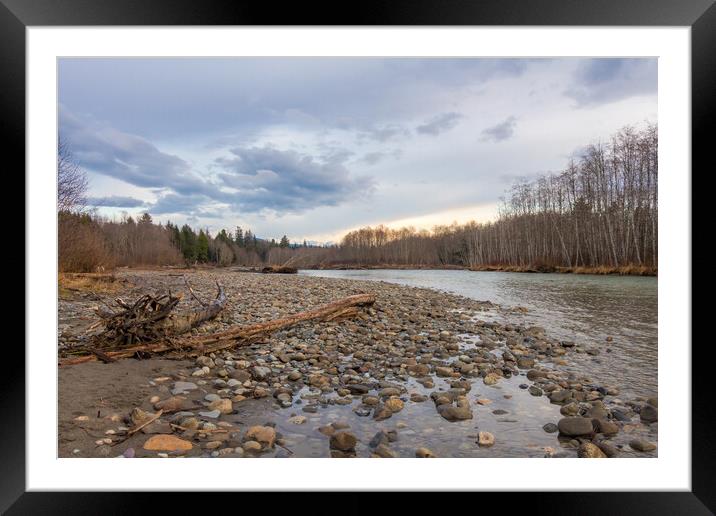 Beautiful spring sunset on a glacial green river in British Columbia, Canada. Framed Mounted Print by SnapT Photography