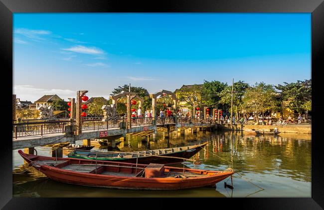 Afternoon sun falling on the Cau An Hoi Bridge on the Thun Bon River, in the centre of the beautiful and ancient Hoi An Framed Print by SnapT Photography