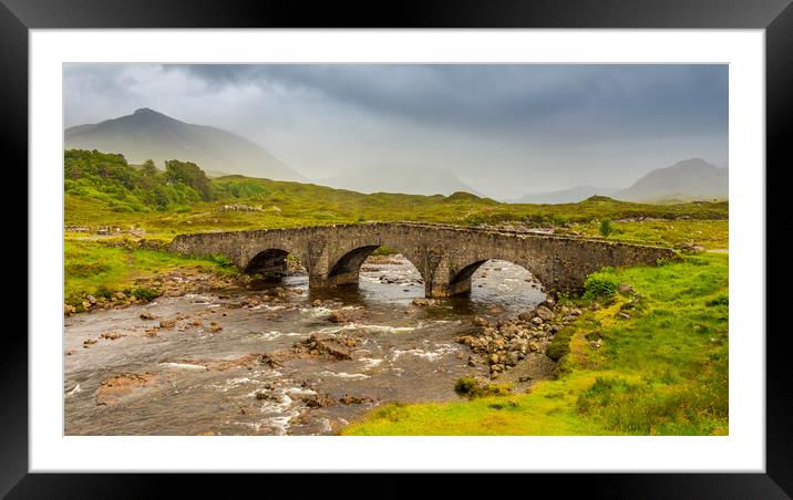 Sligachan bridge by the River Sligachan, on a overcast summers morning on the Isle of Skye, Scotland, with the Cuillin Mountains in the background. Framed Mounted Print by SnapT Photography