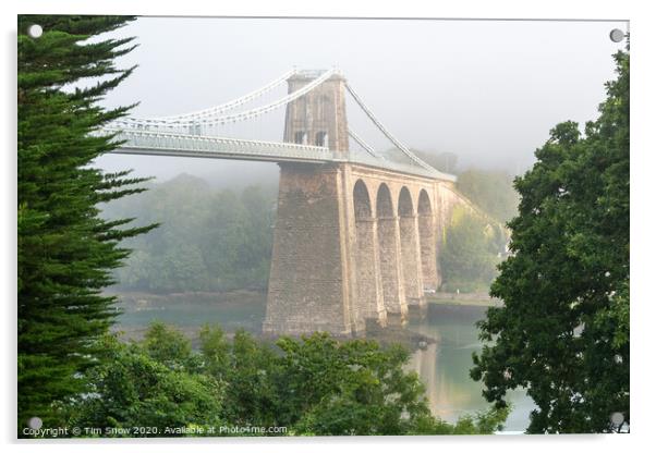 Foggy Menai Suspension bridge crossing over to Anglesey Acrylic by Tim Snow