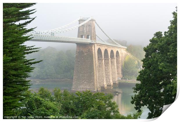 Foggy Menai Suspension bridge crossing over to Anglesey Print by Tim Snow