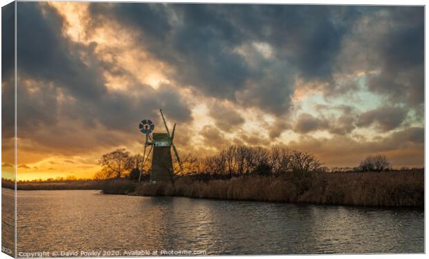 December Sunset over Turf Fen Mill Norfolk Canvas Print by David Powley