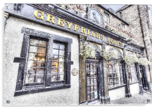 Greyfriars Bobby Pub Snow Art Acrylic by David Pyatt
