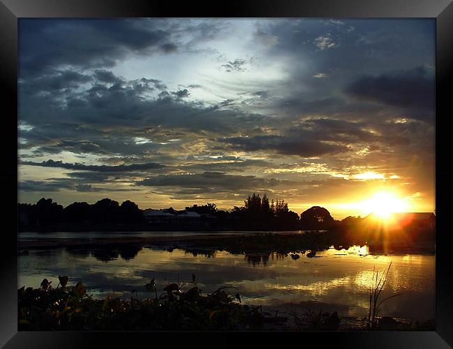 Sunset on the River Kwai, Kanchanaburi, Thailand Framed Print by Serena Bowles