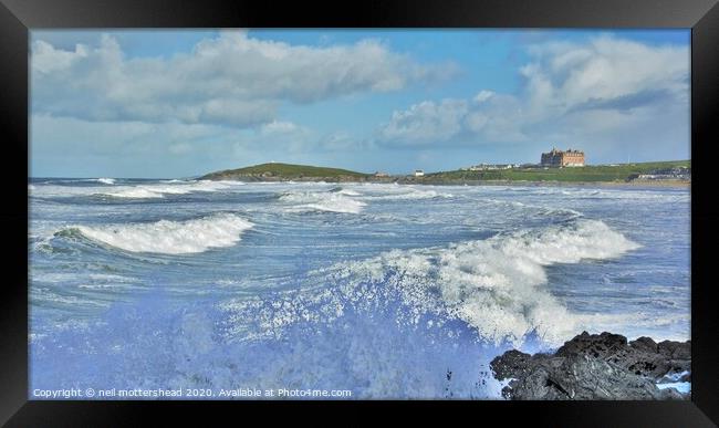 Surf & Sea Spray At Fistral Beach, Newquay. Framed Print by Neil Mottershead