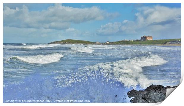Surf & Sea Spray At Fistral Beach, Newquay. Print by Neil Mottershead