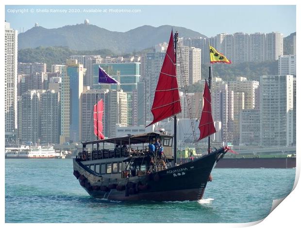 Junk boat Hong Kong harbour Print by Sheila Ramsey