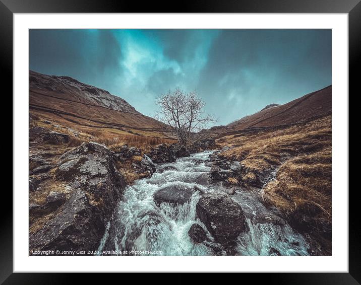 Green Burn Waterfall with lone tree Framed Mounted Print by Jonny Gios
