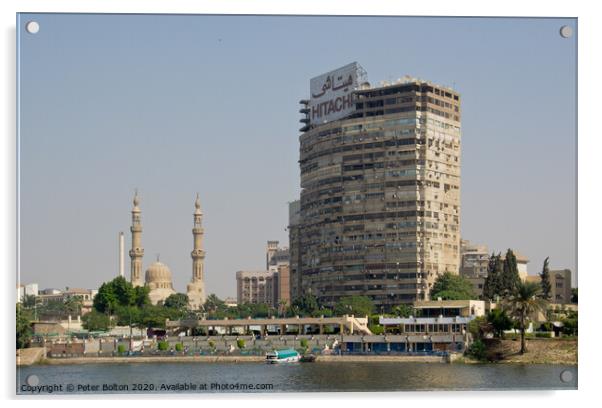 Ancient and modern cityscape, River Nile, Cairo, Egypt. Acrylic by Peter Bolton