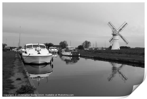 Thurne Mill and boats Print by Christopher Keeley