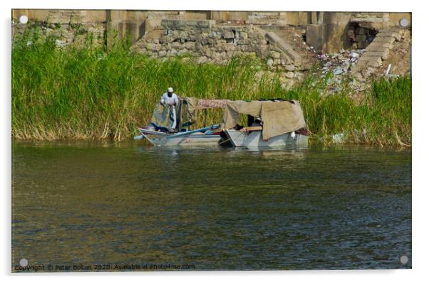 Local fishermen moored on the Nile riverbank near Cairo, Egypt. Acrylic by Peter Bolton