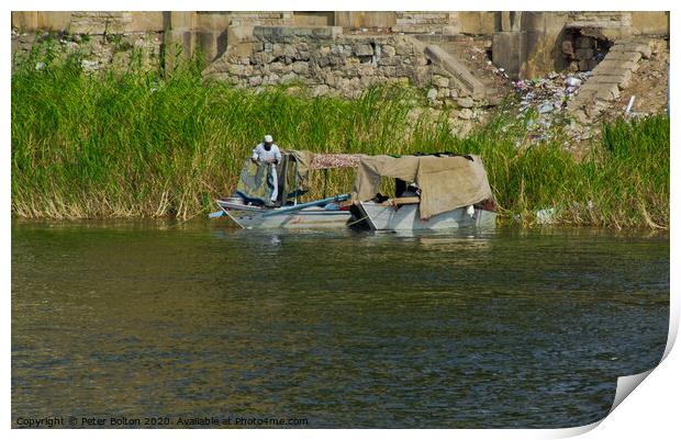 Local fishermen moored on the Nile riverbank near Cairo, Egypt. Print by Peter Bolton