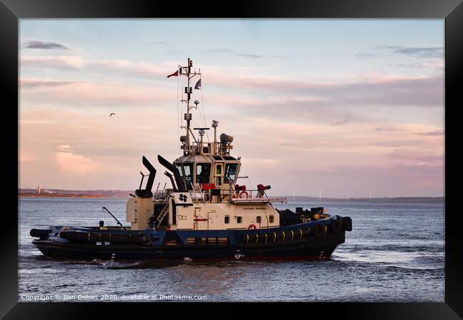 A Majestic Tugboat Sailing through the Mersey Rive Framed Print by Ben Delves