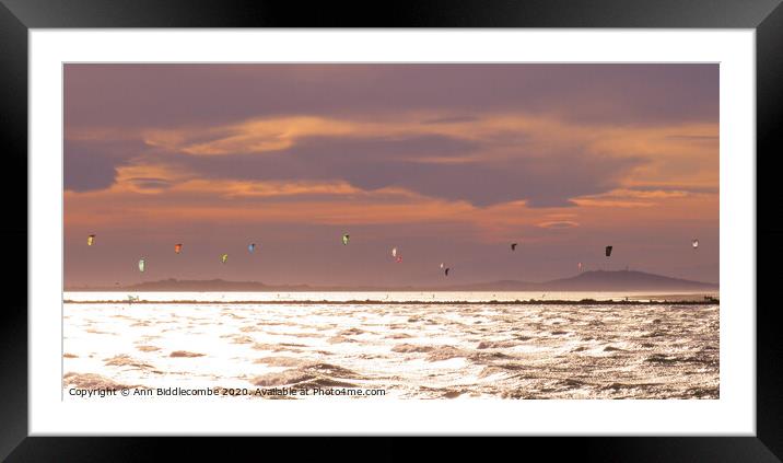 Kite Surfers over the Lake in Sete Framed Mounted Print by Ann Biddlecombe