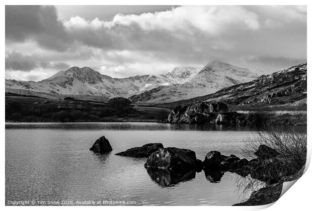 Snowy mountains and lake in Snowdonia Print by Tim Snow