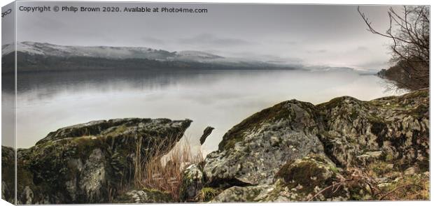 Misty Lake over rocks in Wales, Panorama Canvas Print by Philip Brown