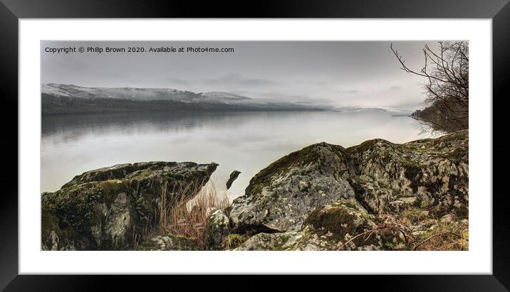 Misty Lake over rocks in Wales, Panorama Framed Mounted Print by Philip Brown
