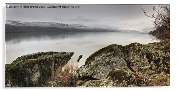 Misty Lake over rocks in Wales, Panorama Acrylic by Philip Brown