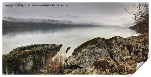 Misty Lake over rocks in Wales, Panorama Print by Philip Brown
