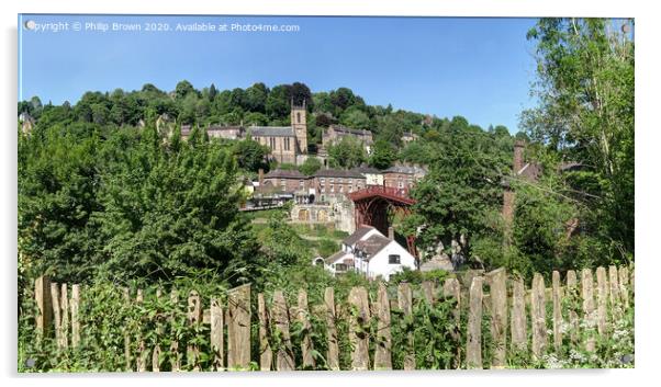 Over the old Fence to Ironbridge Village, Panorama  Acrylic by Philip Brown