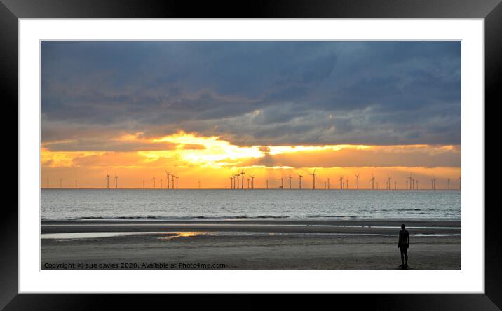 crosby windfarm and statues at sunset Framed Mounted Print by sue davies