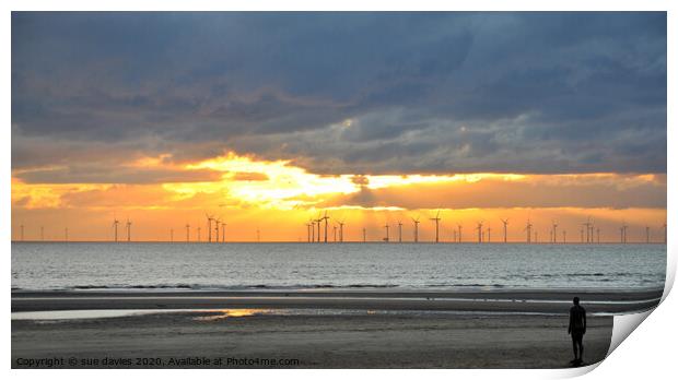 crosby windfarm and statues at sunset Print by sue davies