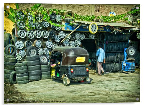 Tyre fitter business on the outskirts of Cairo, Egypt. Acrylic by Peter Bolton