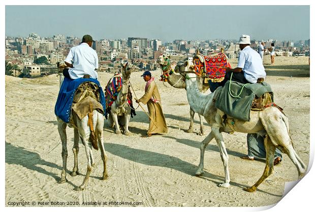 Camel drivers at the Giza plateau, Egypt. Print by Peter Bolton