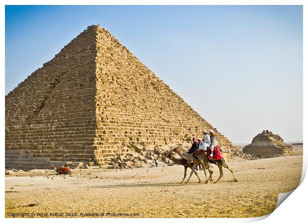Pyramid of Menkaure with passing camels, Giza, Egypt. Print by Peter Bolton