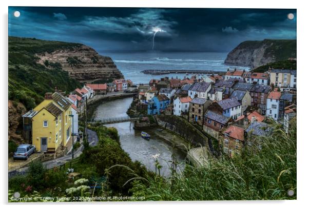 Dramatic Stormy Night in Staithes Acrylic by Tracey Turner
