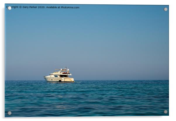 A large motorboat, in the Mediterranean sea, on a summers day	 Acrylic by Gary Parker