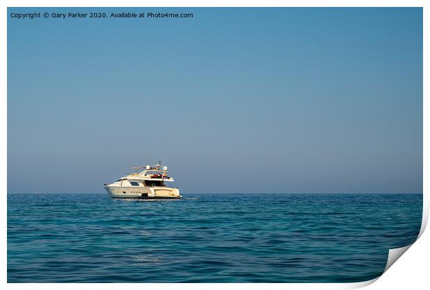 A large motorboat, in the Mediterranean sea, on a summers day	 Print by Gary Parker