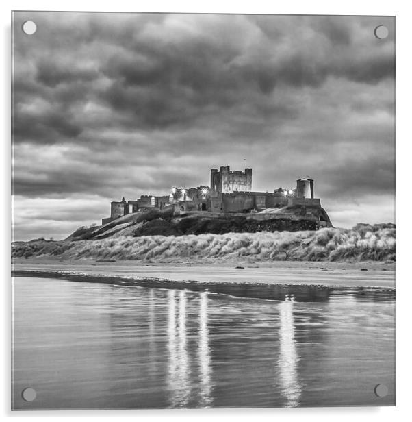 Bamburgh Castle reflections black and white  Acrylic by Naylor's Photography