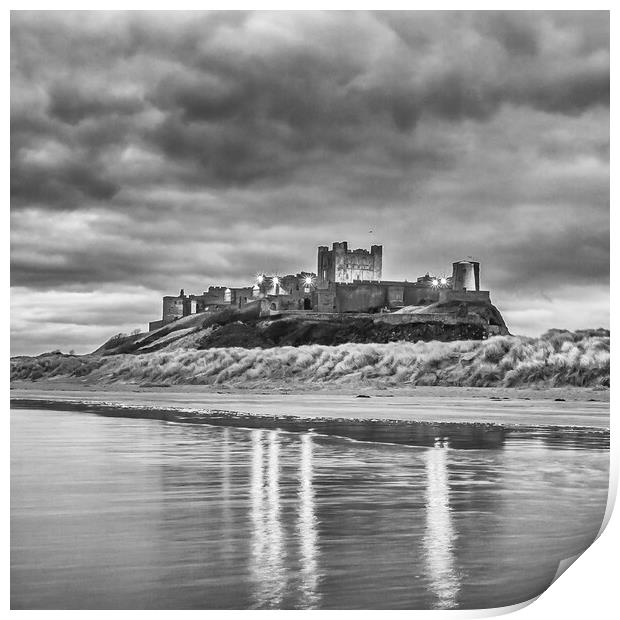 Bamburgh Castle reflections black and white  Print by Naylor's Photography
