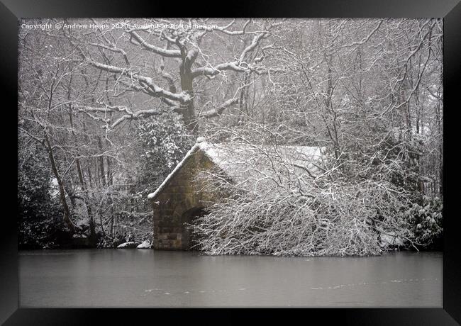 Winter scene boat house at Biddulph Grange Country Framed Print by Andrew Heaps