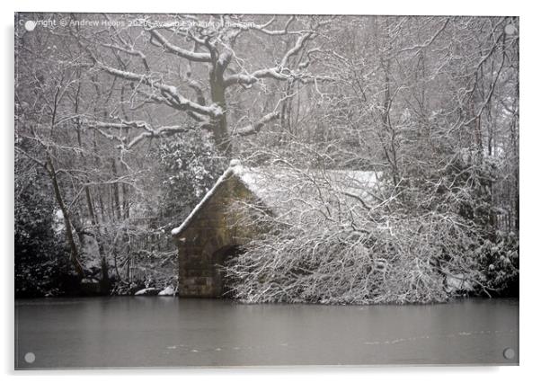 Winter scene boat house at Biddulph Grange Country Acrylic by Andrew Heaps