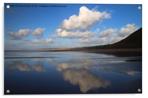 Rhossili Beach in Reflection Acrylic by Jane Emery