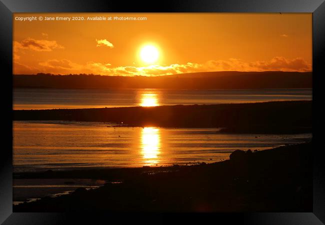 Sunset over North Gower, from Loughor Estuary Framed Print by Jane Emery