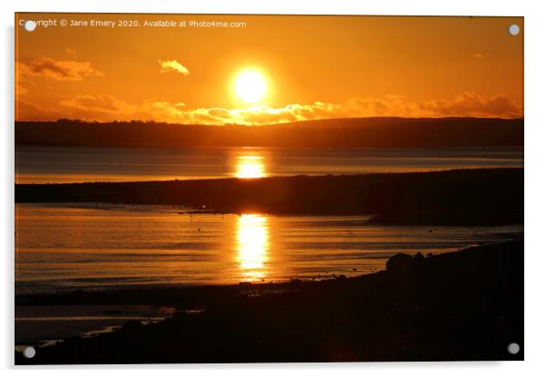 Sunset over North Gower, from Loughor Estuary Acrylic by Jane Emery