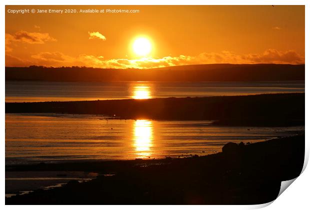 Sunset over North Gower, from Loughor Estuary Print by Jane Emery