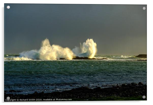 Large wave breaks over rocks close to Staffin Pier. Acrylic by Richard Smith