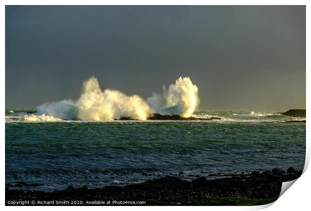 Large wave breaks over rocks close to Staffin Pier. Print by Richard Smith