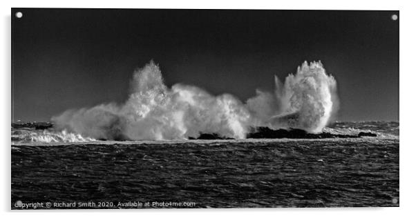 Breaking wave on rocks. Acrylic by Richard Smith