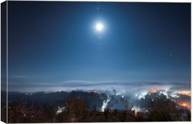 Full Moon over freezing fog, New Mills Canvas Print by John Finney