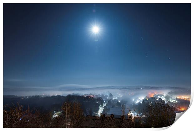 Full Moon over freezing fog, New Mills Print by John Finney